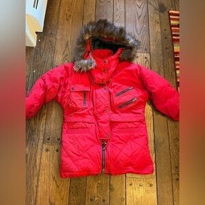 Mulberry Street Outerwear Red Puffy Goose Down Jacket with silver Fox fur Small